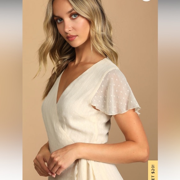 Wrapped Up In Your Love Cream Dotted Ruffled Wrap Midi Dress Wedding Bride - Picture 3 of 9